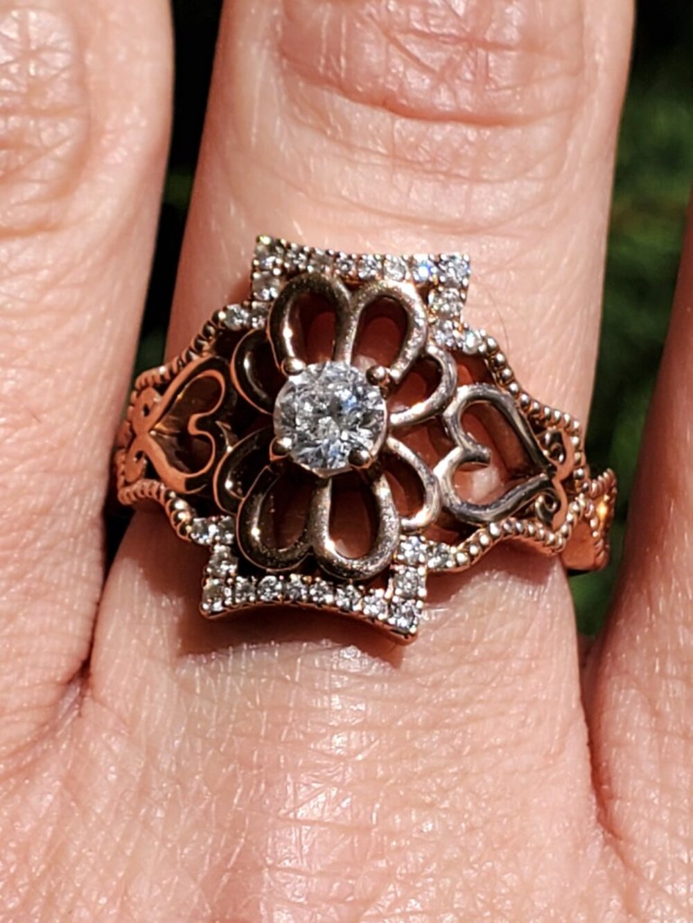 10K Rose Gold Diamond Flower Ring 0.65 CTW Round Diamonds Floral Filigree SZ 10 - Picture 2 of 16